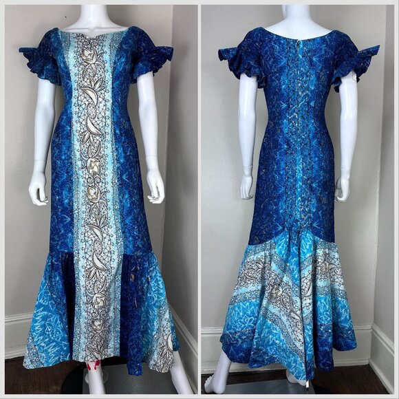 Vintage 1960s Blue Mermaid Maxi Dress, Hawaiian Casuals by Stan Hicks Size XS - Picture 1 of 5